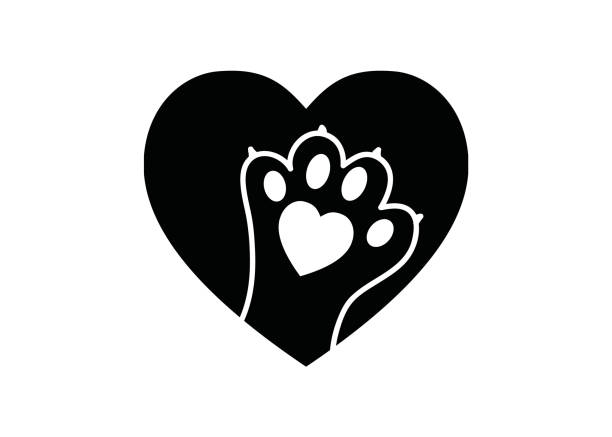 черно-белый простой логотип с лапой животного в сердце - pets happiness white black stock illustrations