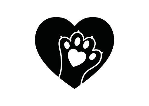 Animal paw print in heart - black and white logo for shelters, veterinary symbol, animal lovers