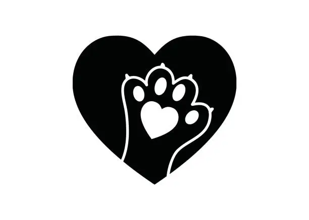 Vector illustration of Black and white simple logo with animal paw in heart
