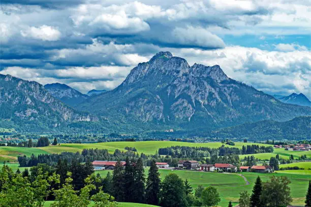 Panorama view of Hopfen with Säuling in the background . Ost-Allgäu, Bavaria, Germany.