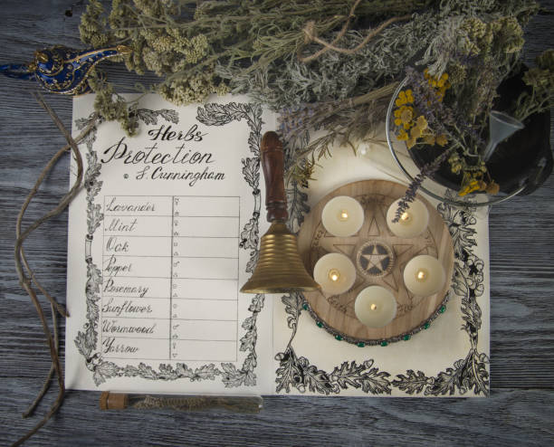 istock Wiccan Book of Shadows with classic protection spells 1163778406