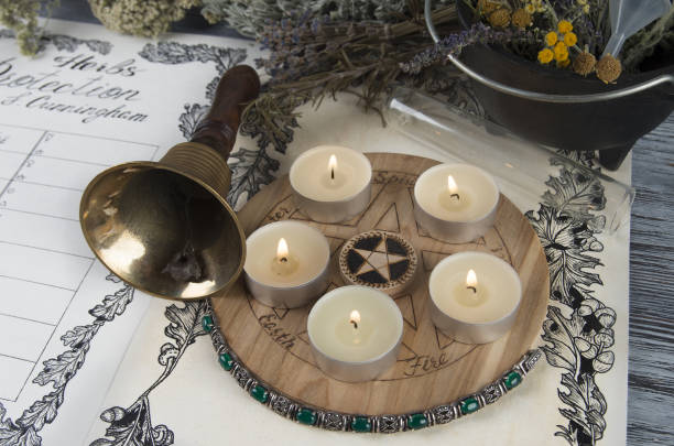 istock Wiccan Book of Shadows with classic protection spells 1163779604