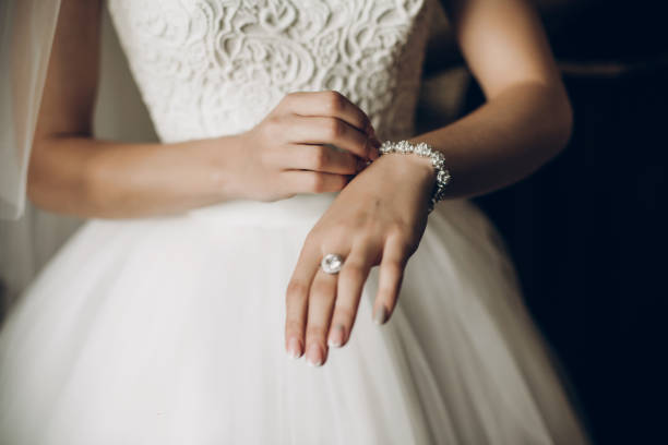 istock bride putting on luxury bracelet on hand in the morning, getting ready 1163779669