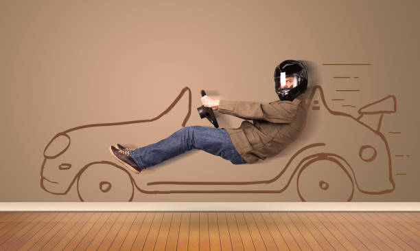 istock Happy man driving an hand drawn car on the wall 1163779817