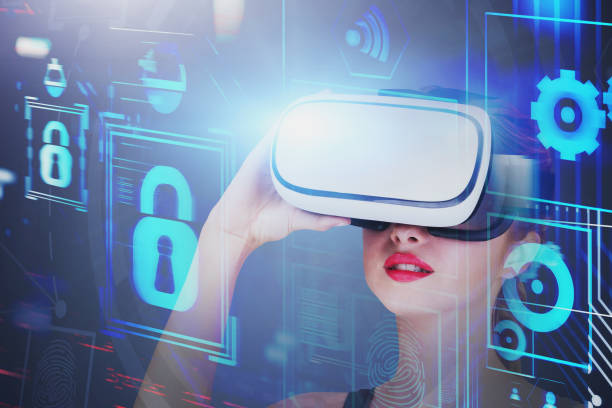 istock Woman in VR headset, business interface 1163783892