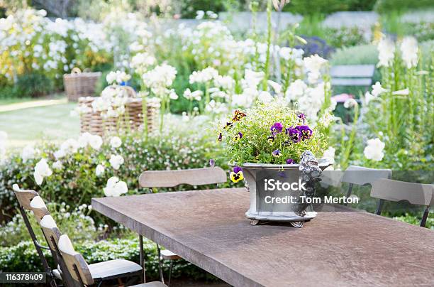 Flowerpot On Garden Table Stock Photo - Download Image Now - Yard - Grounds, Table, Flower