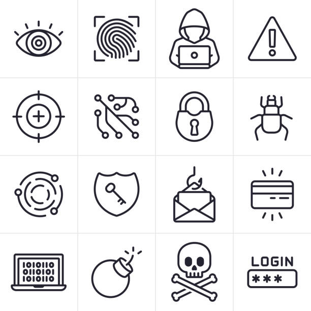 ilustraciones, imágenes clip art, dibujos animados e iconos de stock de hackeo y iconos y símbolos de delitos informáticos - spam