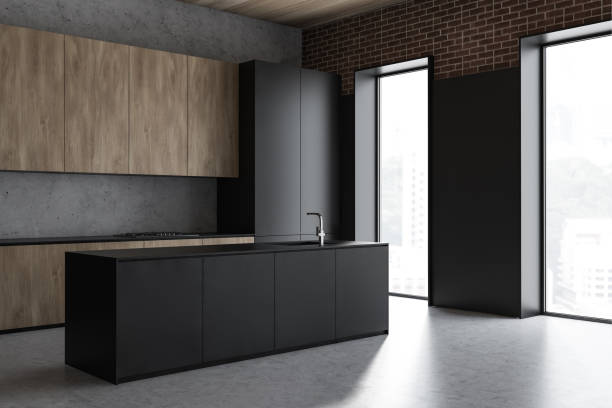 istock Gray kitchen with island and countertops 1163785224