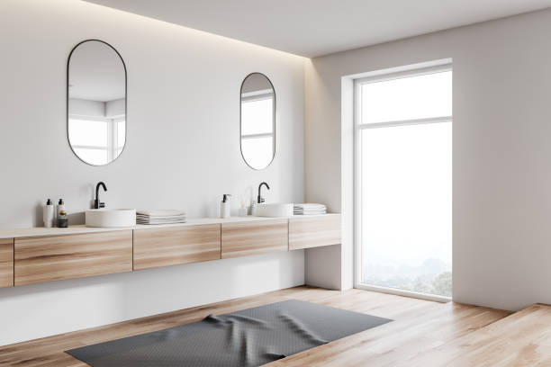 istock White and gray bathroom corner, double sink 1163785894