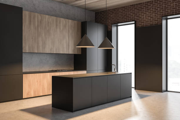 istock Concrete, gray and wooden kitchen corner, island 1163786614