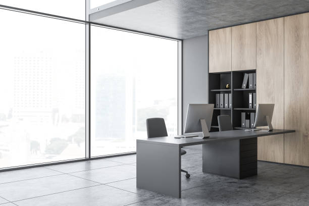 istock Panoramic wooden and gray office corner 1163786829