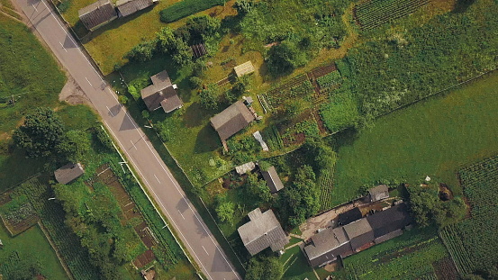 Aerial background drone view of a small village town,on a sunny summer day