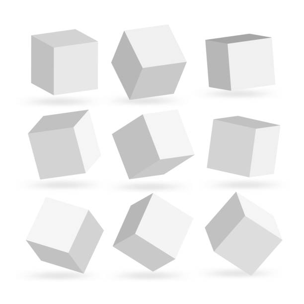 흰색 큐브의 벡터 집합입니다. 다른 각도에서 3d 사각형 상자. 아이콘, 로고에 대한 종이 스타일 회전 컨테이너. 흰색에 격리 된 3 차원 부동 흑백 디자인 요소. - 공중 부양 stock illustrations