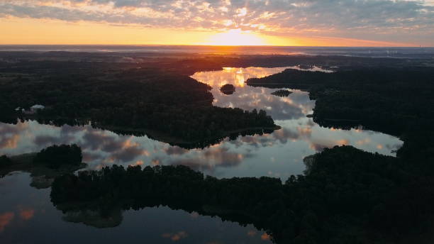 istock Aerial View: Flight over winding river and Green Wood. Sunset soft light with pastel cloudy sky. 1163788071