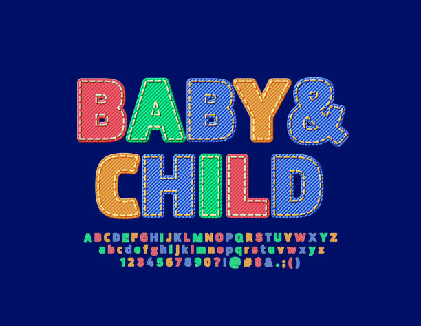 wektor jasny emblemat baby & child. zestaw kolorowych denimowych liter alfabetu, cyfr i symboli - seam stock illustrations
