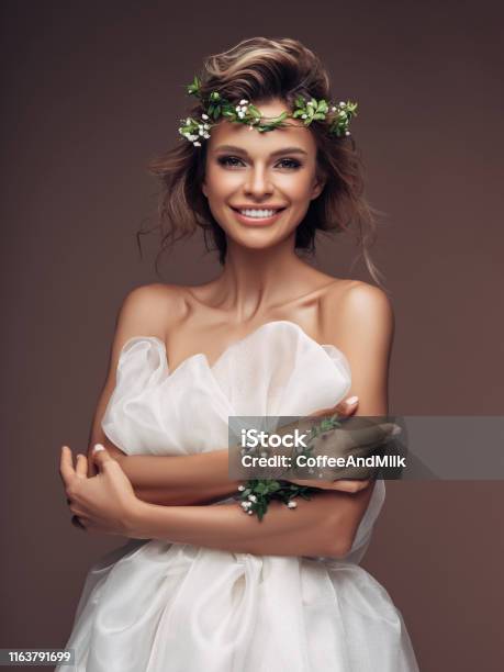 Beautiful Girl With A Wreath Of Flowers Stock Photo - Download Image Now - Bride, Portrait, Wedding
