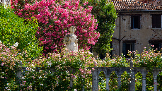 Statue in flower garden in Venice, Italy