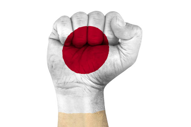 male hand in fist shape with flag covered