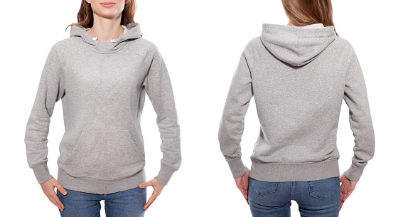 Shirt design and fashion concept - young woman in gray sweatshirt front and rear, gray hoodies, blank isolated on white background. mock up