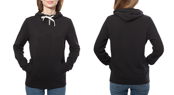young girl in black sweatshirt front and rear, black hoodies, blank isolated on white background. mock up