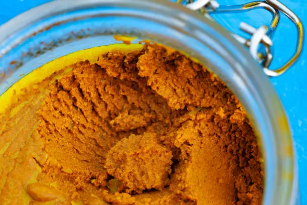 Anti-inflammotory paste made from turmeric, coconut oil and black pepper in a glass jar.