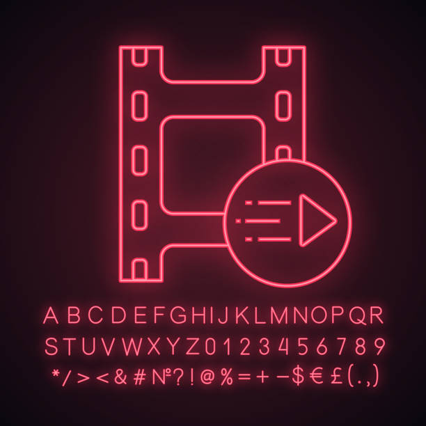 Motion graphics icon Motion graphics neon light icon with glowing alphabet, numbers and symbols. Animation. Multimedia player. Play video. Filmstrip and play button motion graphics stock illustrations