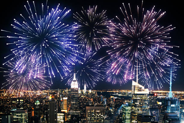 istock Fireworks in city background 1163809866