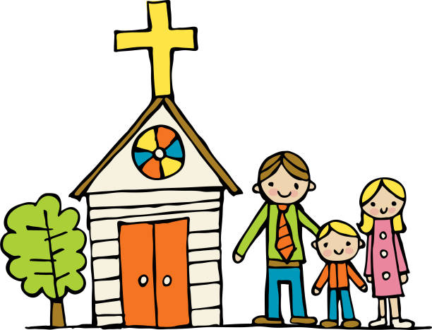 Church Family Doodle of Cute Family Going to Church praying child christianity family stock illustrations