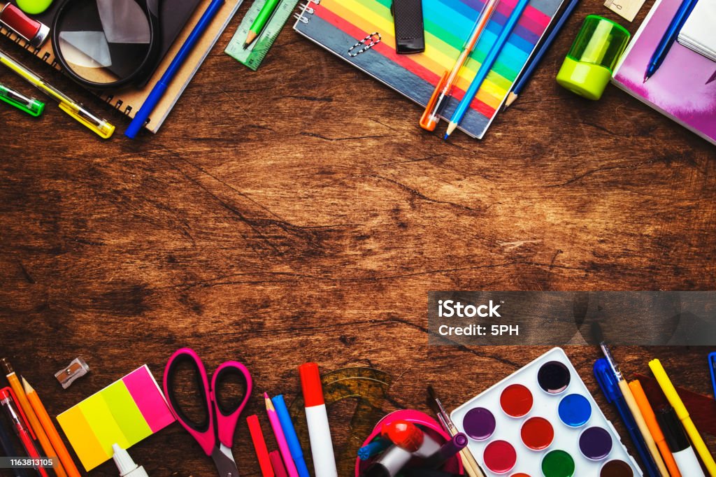 Back To School Background With Space For Text Notebooks Pens Pencils Other  Stationery On Wooden School Desk Education Concept Flat Lay Top View Stock  Photo - Download Image Now - iStock