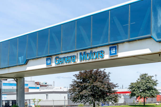 Sign Of General Motors on the bridge at the GM Oshawa Car Assembly facility in Oshawa, Ontario, Canada. stock photo