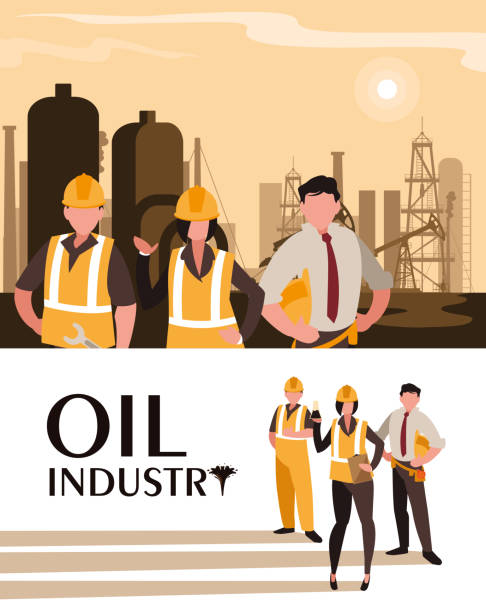 プラントパイプラインと労働者を含む石油産業のシーン - pipe silhouette oil pump mining点のイラスト素材／クリップアート素材／マンガ素材／アイコン素材