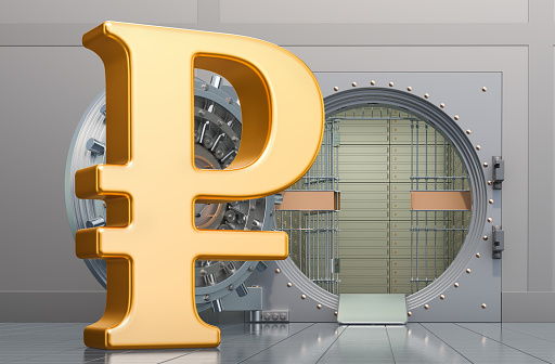 Ruble sign with opened bank vault, 3D rendering isolated on white background