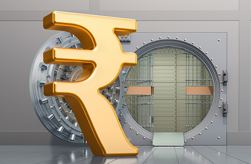 Rupee sign with opened bank vault, 3D rendering isolated on white background
