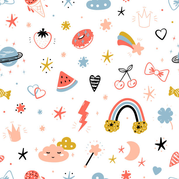 아이 패션을위한 매직 여름 벡터 줄무늬 배경. 귀여운 여름 기호와 원활한 패턴. 무지개, 구름과 별과 낙서 공간 하늘. 달콤한 음식, 과일 및 딸기 - 번개 일러스트 stock illustrations