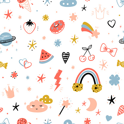 Magic Summer Vector Striped Background for Kids Fashion. Seamless Pattern with Cute Summer Symbols. Doodle Space Sky with Rainbow, Clouds and Stars. Sweet Food, Fruits and Berries
