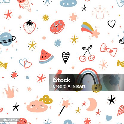 istock Magic Summer Vector Striped Background for Kids Fashion. Seamless Pattern with Cute Summer Symbols. Doodle Space Sky with Rainbow, Clouds and Stars. Sweet Food, Fruits and Berries 1163819513