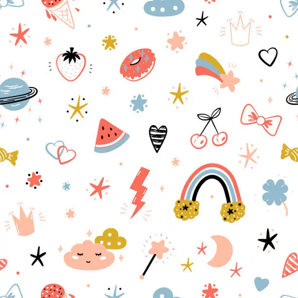 Vector illustration of Magic Summer Vector Striped Background for Kids Fashion. Seamless Pattern with Cute Summer Symbols. Doodle Space Sky with Rainbow, Clouds and Stars. Sweet Food, Fruits and Berries
