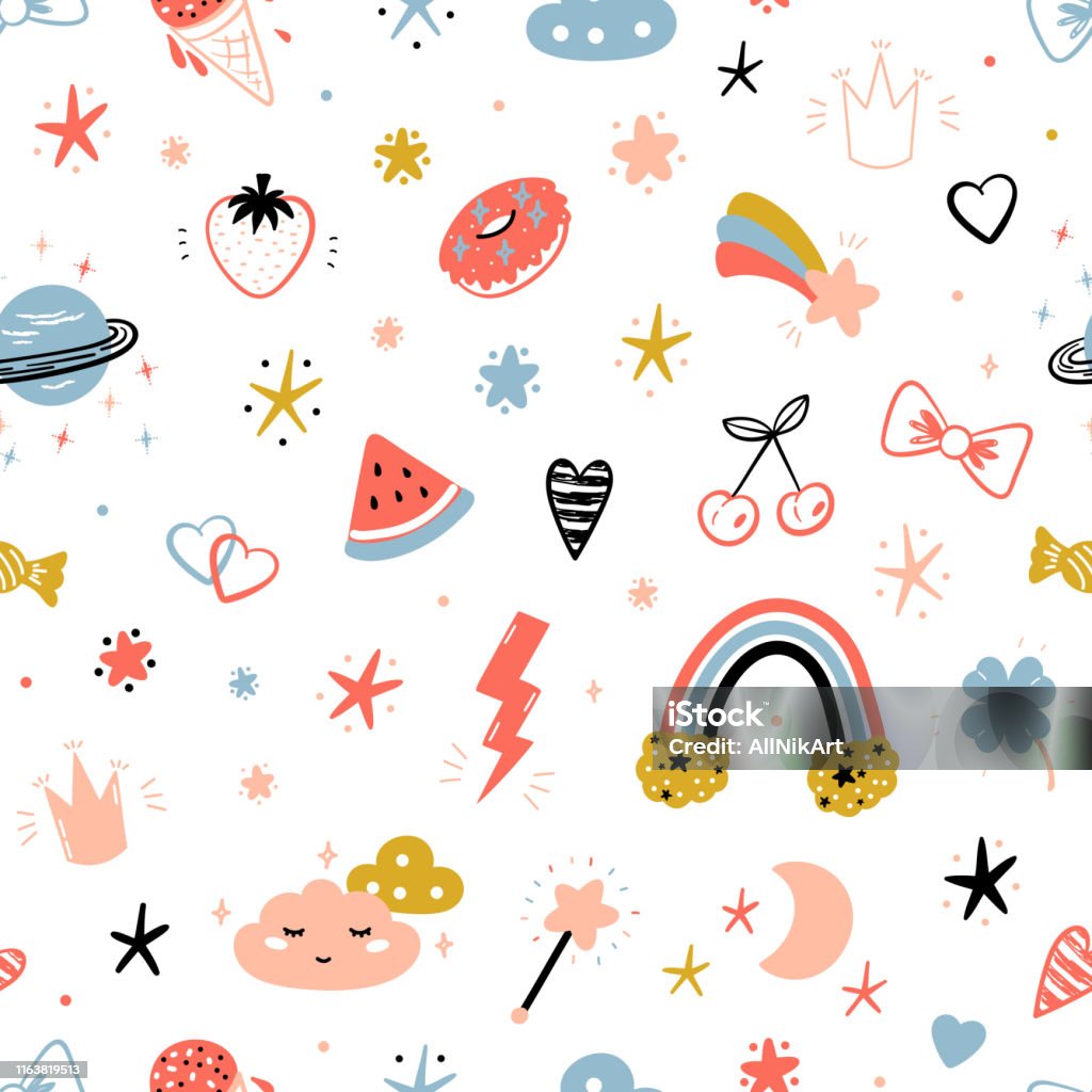 Magic Summer Vector Striped Background Cho Thời Trang Trẻ Em Hoa Văn Liền  Mạch Với Các Biểu Tượng Mùa Hè Dễ Thương Doodle Space Sky Với Cầu Vồng Mây  Và Sao Thức