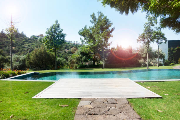 istock Modern Swimming Pool with garden 1163819522