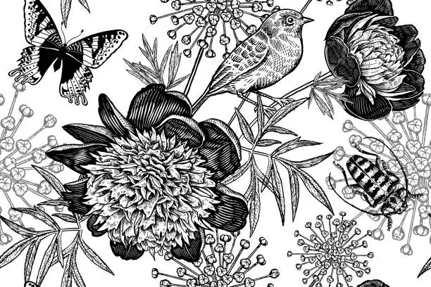 Vector illustration of Seamless floral pattern with peonies, bird, beetle and butterflies. Black and white.