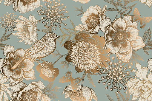 Luxury ornate pattern for creating textiles, wallpaper, paper. Print gold foil on a blue background. Seamless background with garden flowers peonies, bird and butterflies. Vintage. Vector Illustration