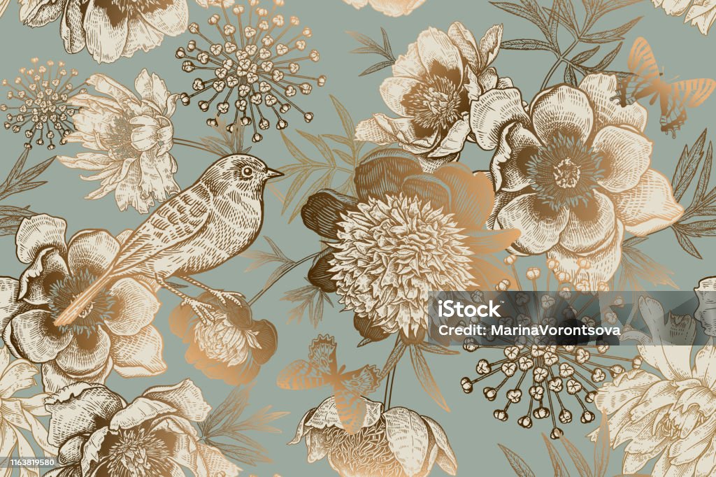 Seamless pattern with peonies, bird and butterflies. Vintage. Luxury ornate pattern for creating textiles, wallpaper, paper. Print gold foil on a blue background. Seamless background with garden flowers peonies, bird and butterflies. Vintage. Vector Illustration Flower stock vector