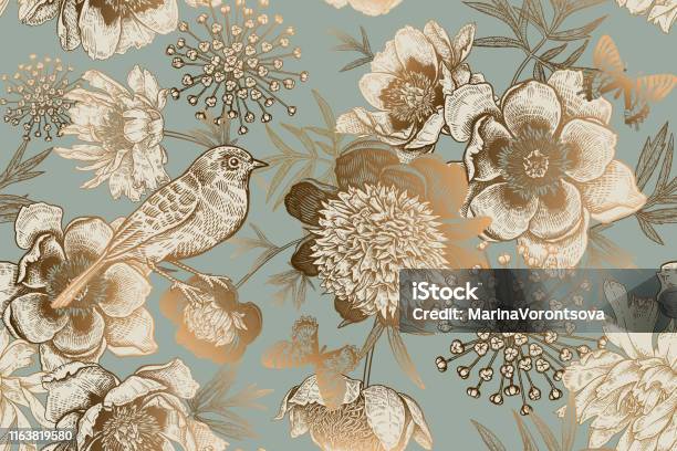 Seamless Pattern With Peonies Bird And Butterflies Vintage Stock Illustration - Download Image Now