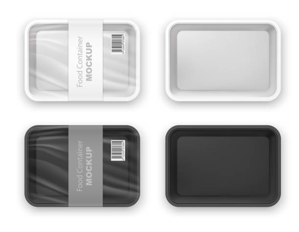Empty black and white plastic fast food tray container mockup. Product package blank template. Realistic 3d vector illustration isolated on white background black meat tray stock illustrations
