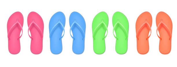 istock Realistic 3d flip flop set, colored summer slippers. Design template of summer beach. Empty mockup. 1163819660