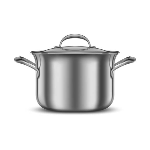 Stainless steel pan. Metal cooking pot. Kitchen utensil mockup. Cookware for cooking food. 3d realistic vector illustration isolated on white background tureen stock illustrations