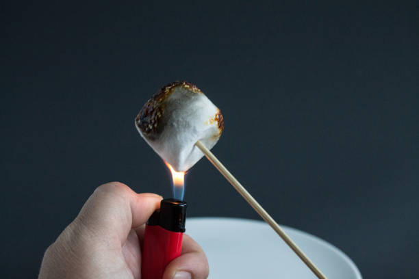 istock Frying a white marshmallow on a wooden stick with a lighter flame 1163820342