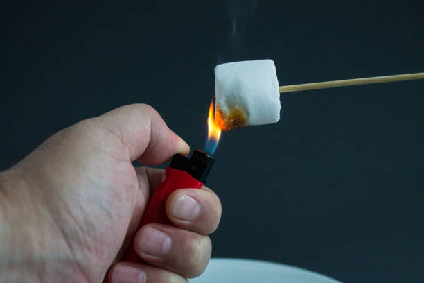 istock Frying a white marshmallow on a wooden stick with a lighter flame 1163820497
