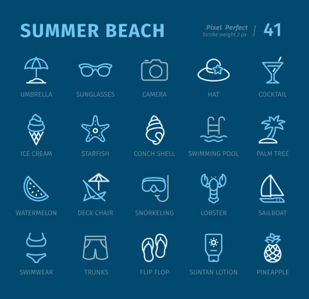 summer beach - umrisssymbole mit beschriftungen - swimming trunks swimwear clothing beach stock-grafiken, -clipart, -cartoons und -symbole
