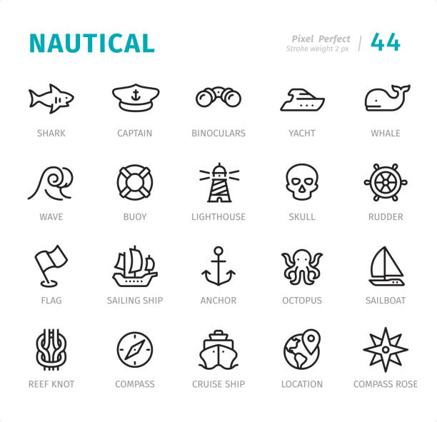 ilustraciones, imágenes clip art, dibujos animados e iconos de stock de náutico - pixel iconos de línea perfectos con subtítulos - storm pirate sea nautical vessel